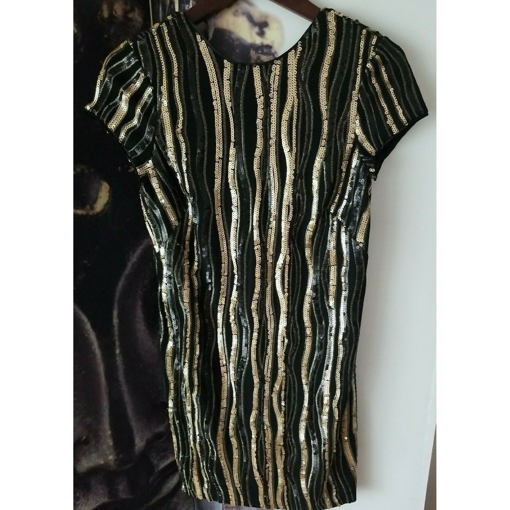 Aidan Mattox Black Gold Sequin Beaded Cocktail Party Dress Size 4 Mini